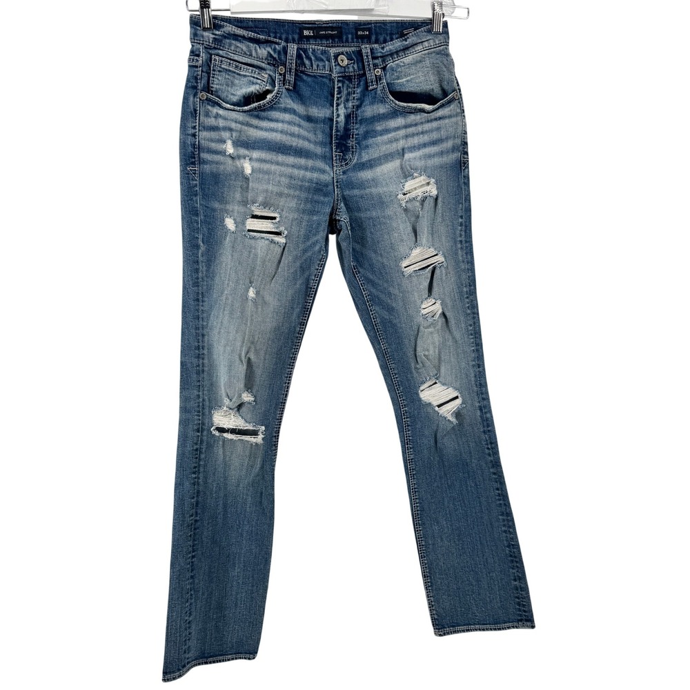 BKE Jake‎ Straight Jeans Mens 33x34 Blue Distressed Ripped Denim Stretch Pants